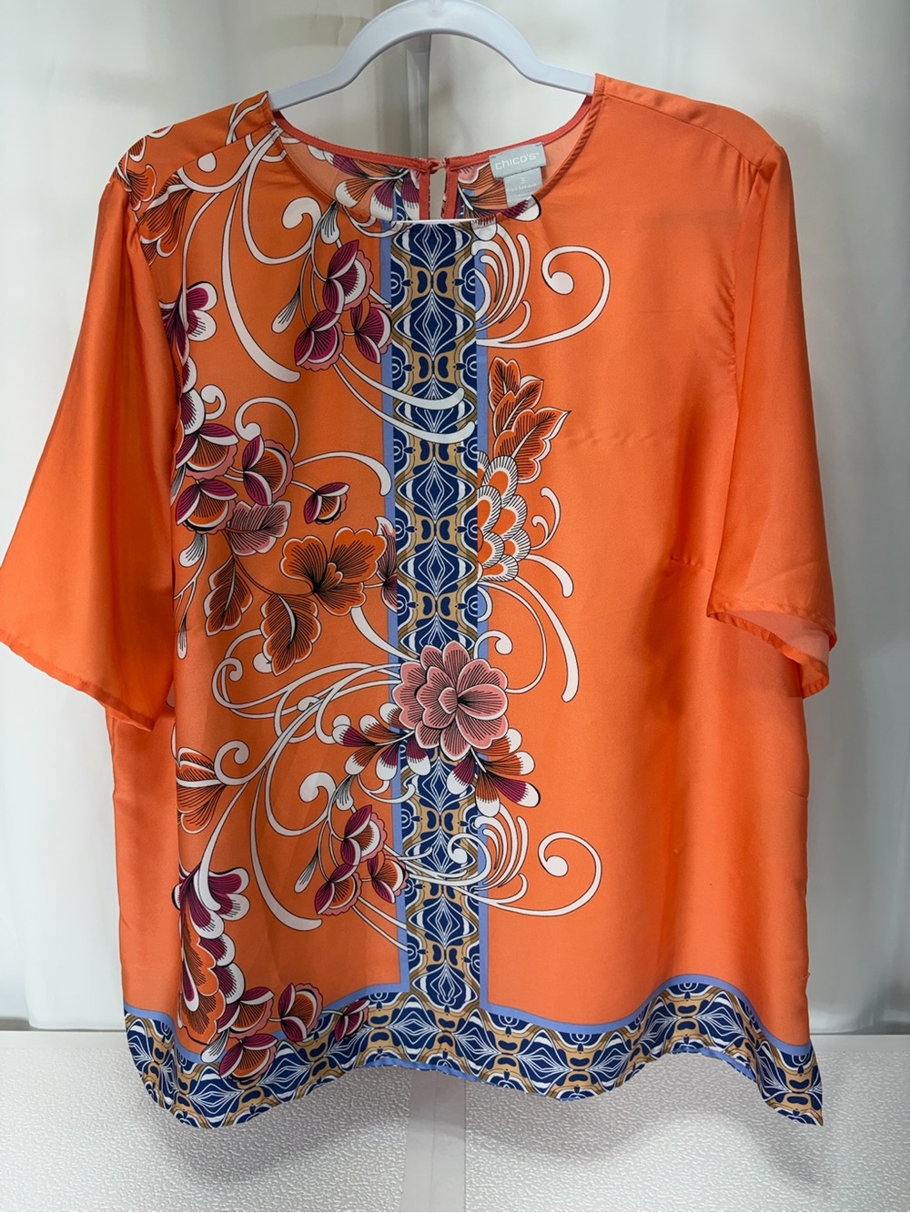 Chico's Vibrant Orange Floral-Print Silk Top 4197